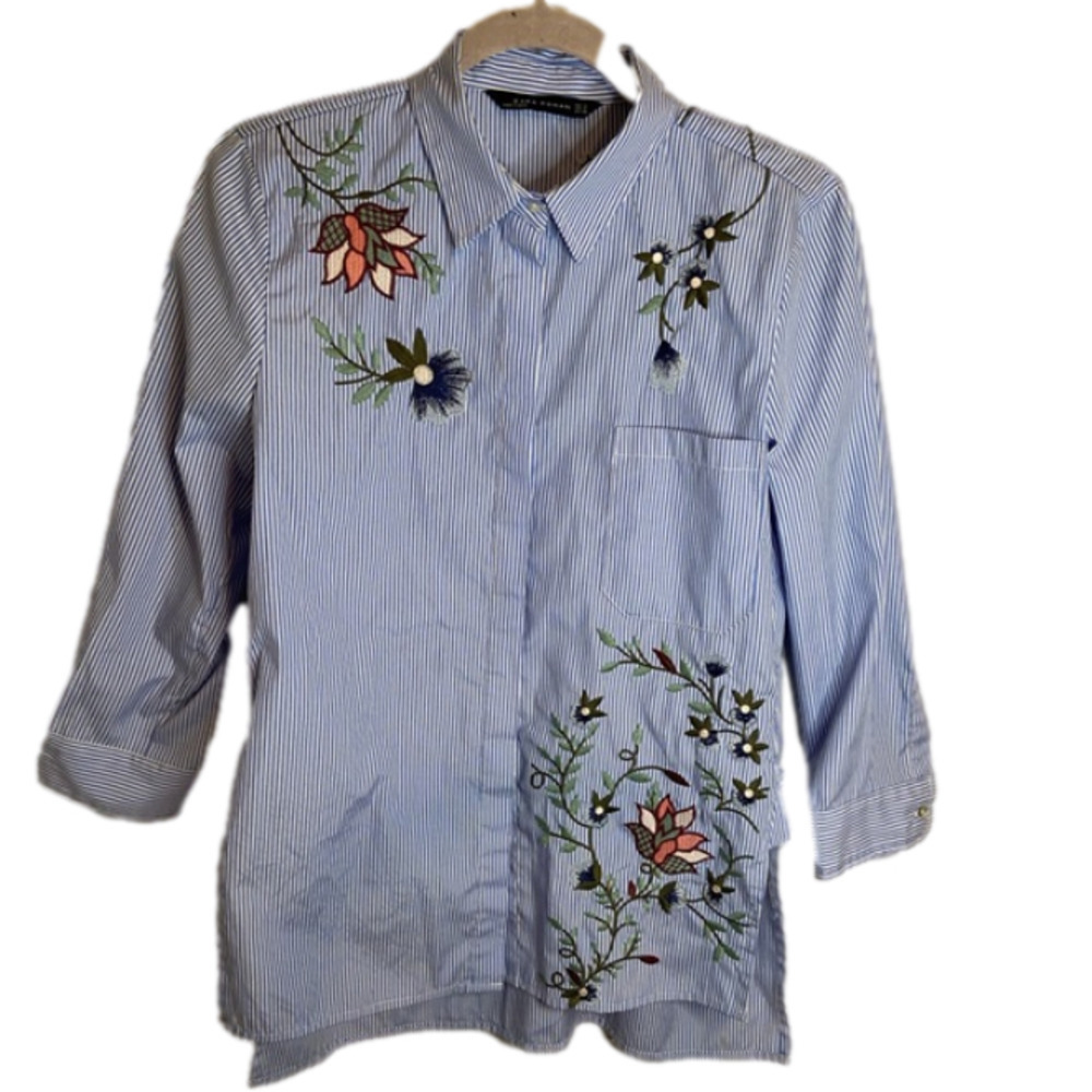 Zara Woman Blue Striped Embroidered Floral Button Down Shirt Size S
